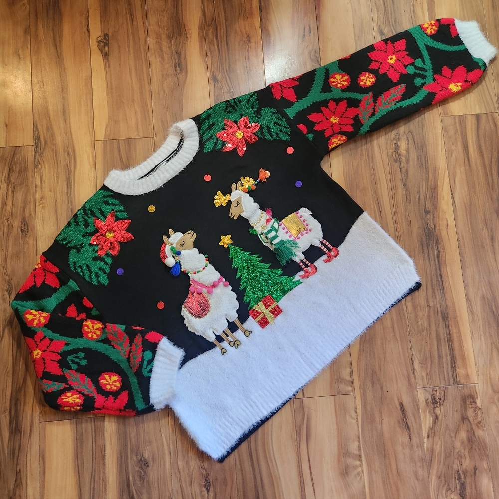 Ugly Christmas Sweater Llamas with Poinsettia Knit Sleeves and Sequins Size XXL